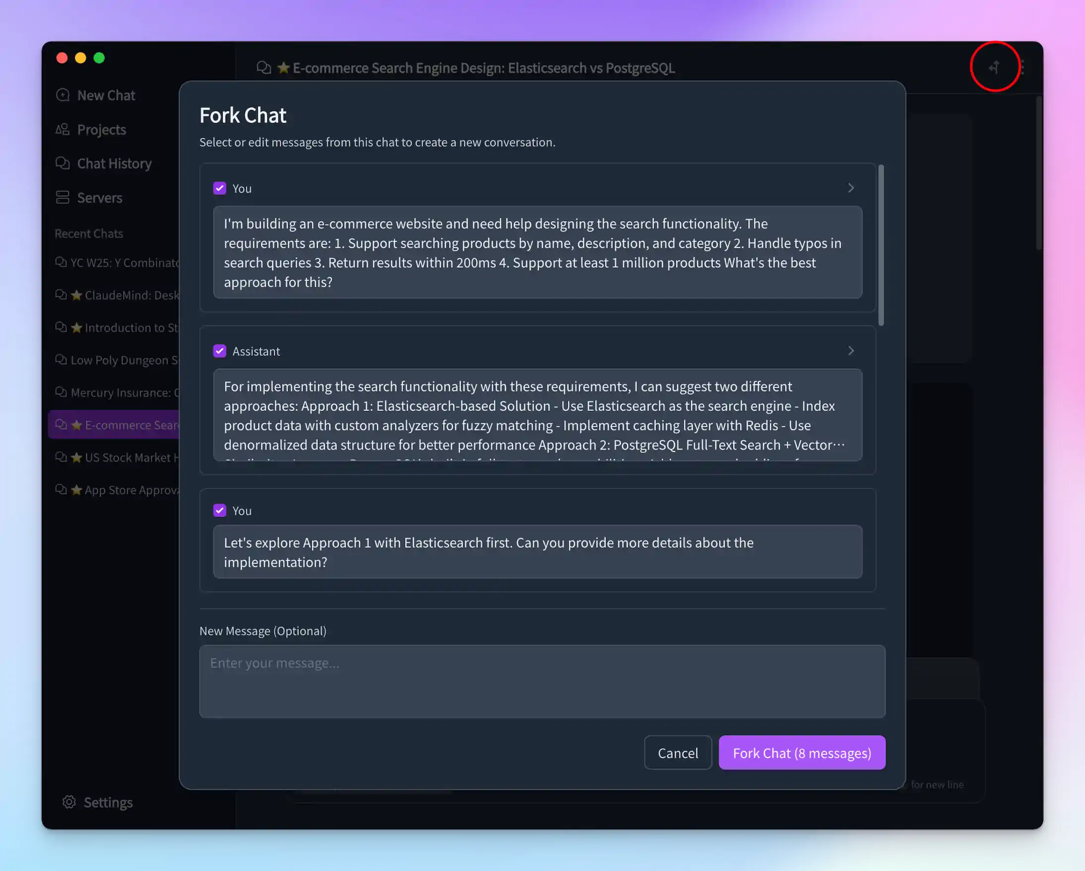 ClaudeMind Fork Chat Feature